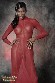 extra Dreams posing in red transparent dress